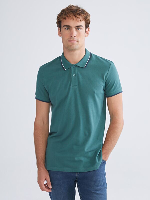 Moudda LC Waikiki - T-shirt col polo basique manches courtes en jersey couleur Vert moyen pour hommes - Tunisie 1