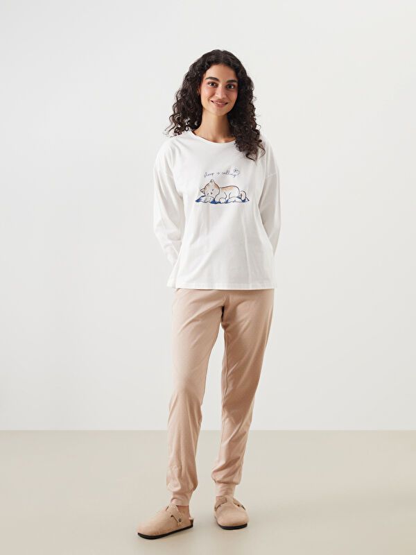 Moudda LC Waikiki - Pyjama en jersey manches longues Femme Imprimé beige - Tunisie 2