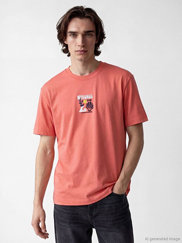 Moudda LC Waikiki - T-shirt imprimé manches courtes en jersey pour Homme couleur Corail - Tunisie 1