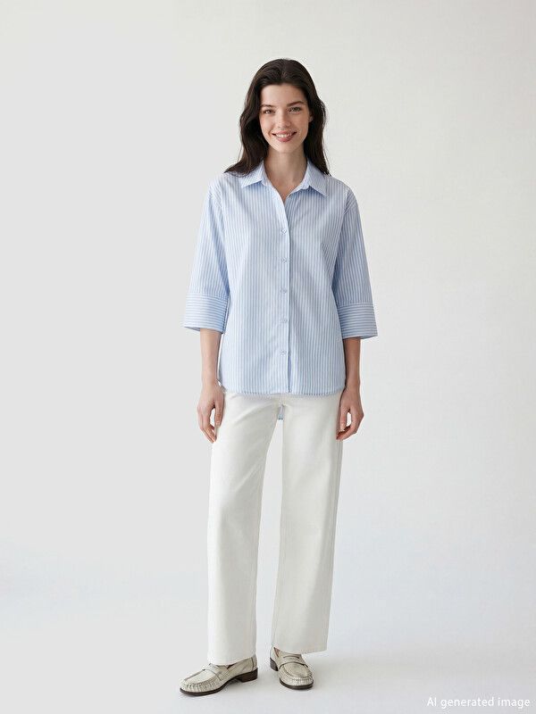 Moudda LC Waikiki - Chemise manches longues en tissu maternité pour Femme couleur Bleu rayé - Tunisie 2