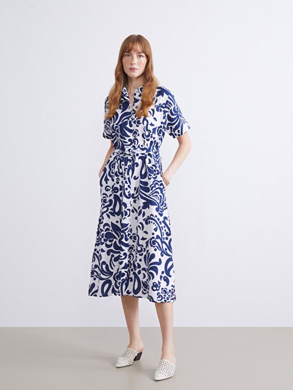 Moudda LC Waikiki - Robe manches courtes en tissu pour Femme couleur Bleu marine imprimé - Tunisie 1