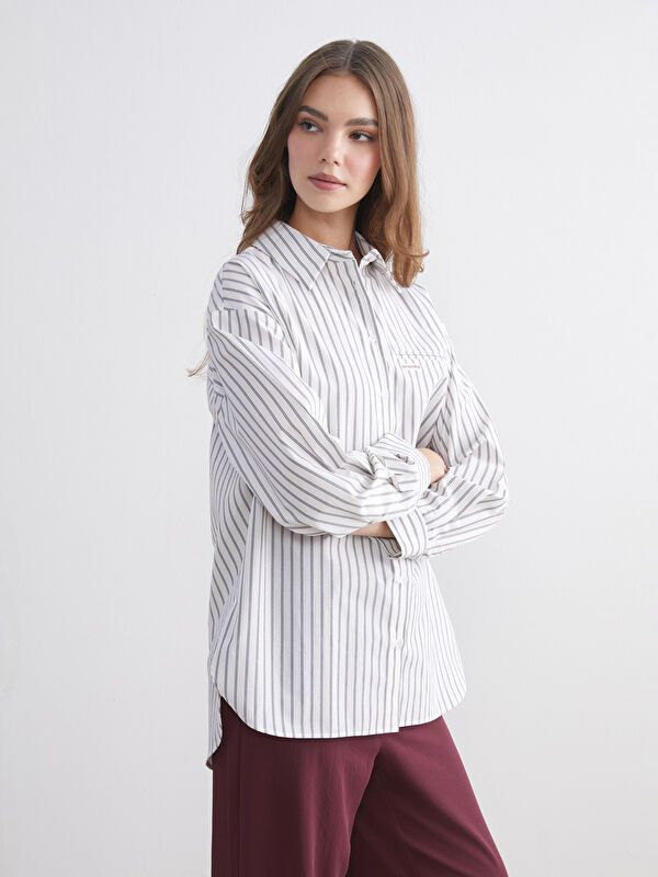 Moudda LC Waikiki - Tunique tissée manches longues Femme Rayures bleues - Tunisie 1