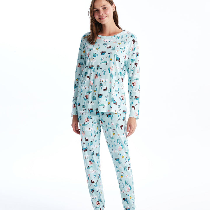 Moudda LC Waikiki - Pyjama en jersey manches longues Femme Bleu pastel imprimé - Tunisie 1