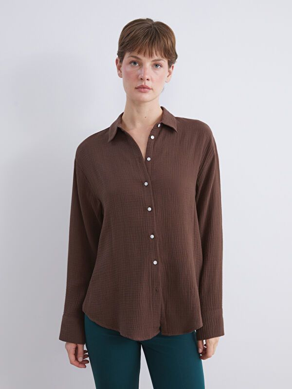 Moudda LC Waikiki - Chemise tissée manches longues Femme Brun - Tunisie 1