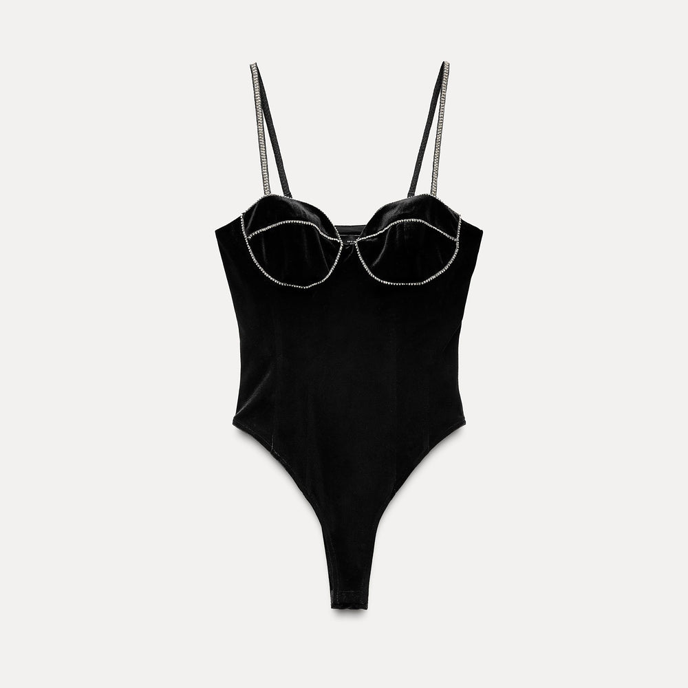 Moudda ZARA - Justaucorps en velours, bretelles fines, strass - Tunisie 2