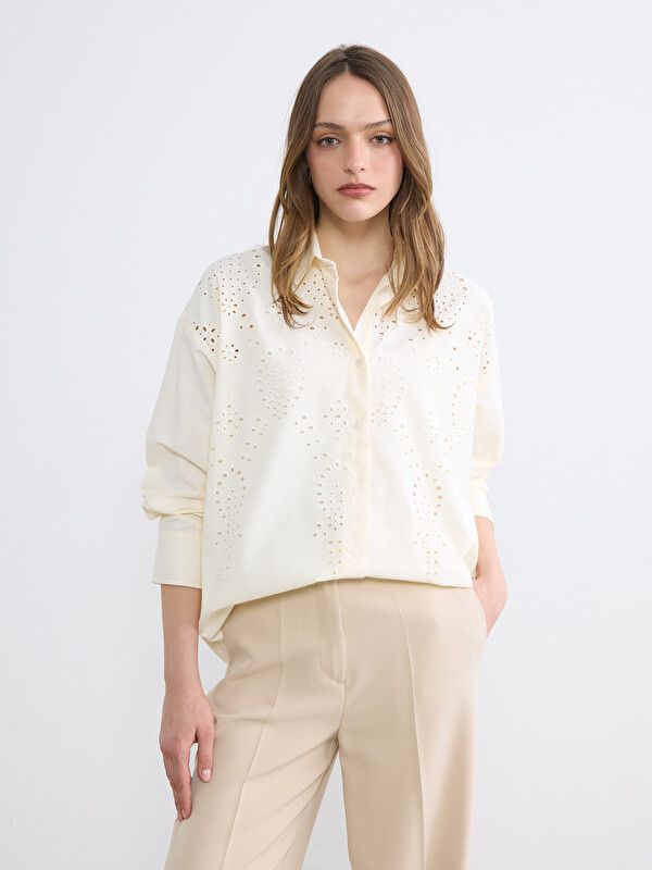 Moudda LC Waikiki - Chemise manches longues en tissu pour Femme couleur Écru - Tunisie 1