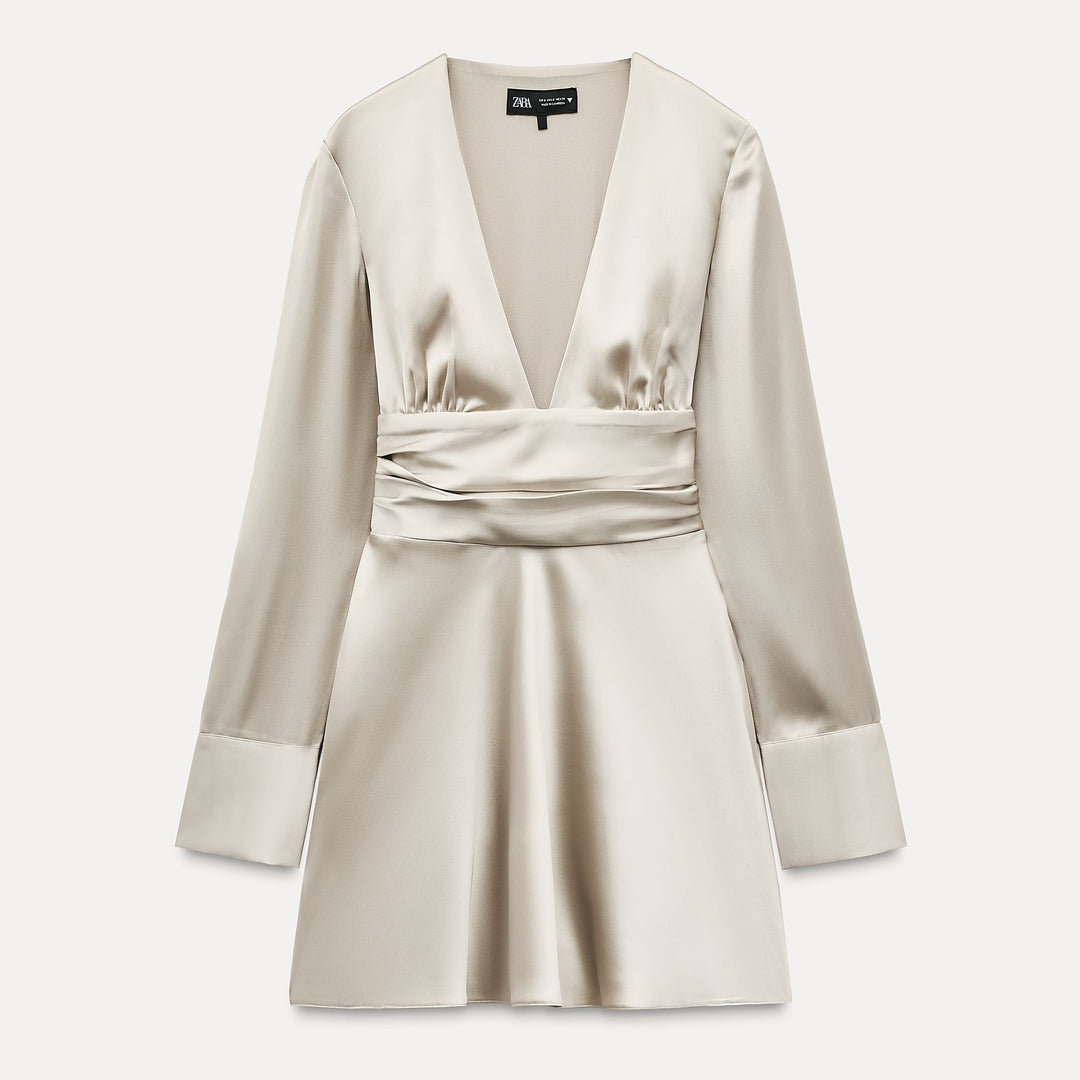 Moudda ZARA - Robe courte satinée manches longues encolure en V jupe volants - Tunisie 1