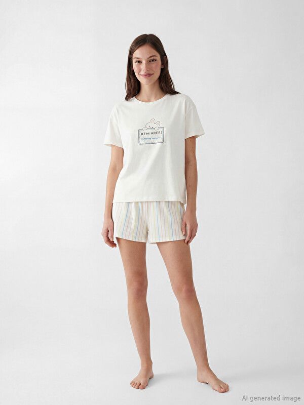 Moudda LC Waikiki - Short-Capri manches courtes pour Femme couleur Crème imprimé - Tunisie 2