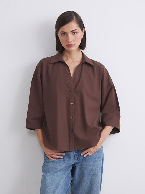 Moudda LC Waikiki - Chemise tissée manches longues Femme Brun - Tunisie 1